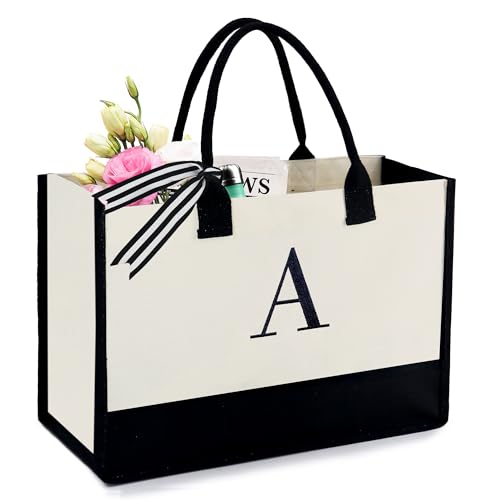 BeeGreen Embroidery Monogram Canvas Tote Bag Personalized Gifts Bags for Birthday Beach Work Wedding Gift Basket for Women Teacher Mom Friend Coworkers Sister Nurse Cute Initial Totes Cool (Letter A)