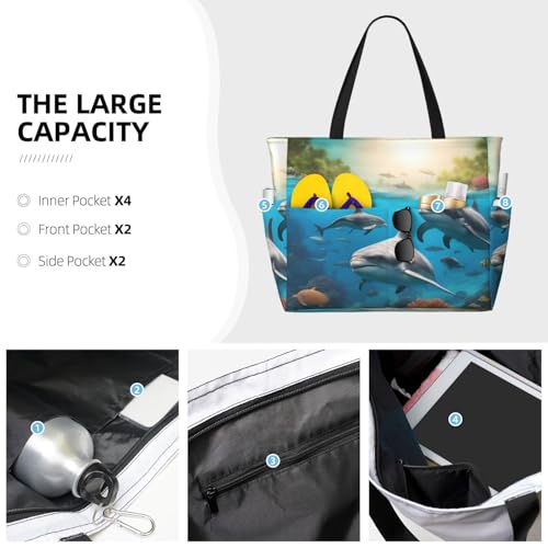Dolphins Sea Turtle Shark Octopus Coral Print Waterproof Beach Bag For Womentote Bag Zipper And Pockets For Travel Vacation3