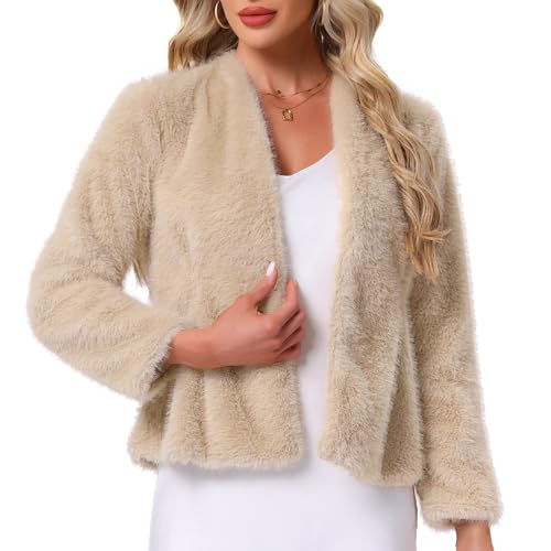 Allegra K Faux Fur Coat for Women Long Sleeve Open Front Overcoat Wedding Fluffy Jacket