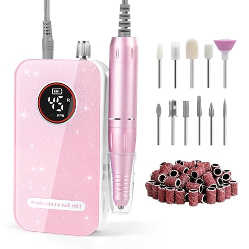 Professional Nail Drill Electric File 45000RPM, Portable Rechargeable Electric Nail File with 11 Drill Bits & 50 Sanding Bands, Low Noise Nail Drill Kit for Acrylic Gel Nails, Salon & Home Use, Pink