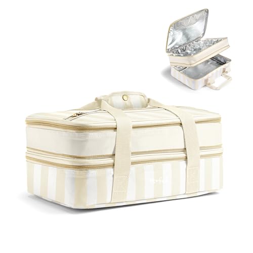 Fit & Fresh Insulated Casserole Carrier - Double Decker Food Carrier Fits Two 9x13 Dishes Expandable Hot & Cold Food Transport Bag with Zipper Pocket for Potluck Easter & Travel Taupe Stripe