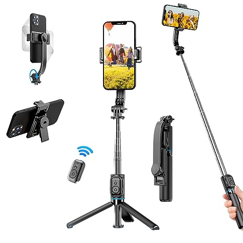 Portable Selfie Stick Phone Tripod - Extendable Travel Selfie Stick Tripod Phone Holder with Wireless Remote for iPhone Galaxy Android for Video Recording/Photo/Live Stream/Vlog