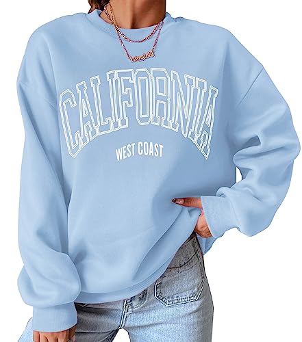 Cioatin Women’s Oversized California Letter Graphic Crew Neck Sweatshirt Drop Shoulder Baggy Fleece Pullover Preppy Top Sky Blue