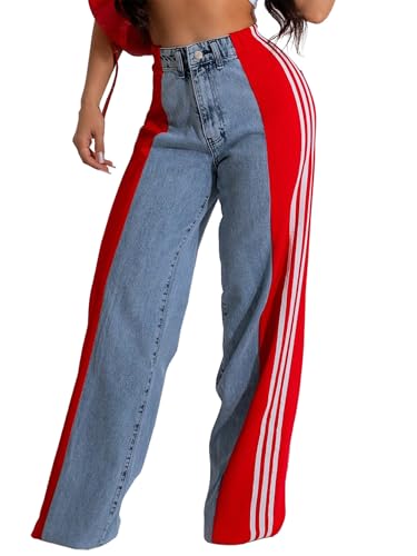 Conshvi Womens Baggy Wide Leg Jeans High Waisted Patchwork Jeans Stretchy Stripes Straight Leg Denim Pants