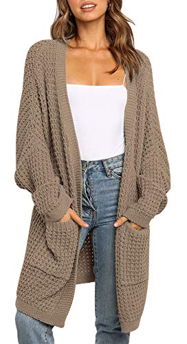 BTFBM Women Long Sleeve Open Front Plain Knit Cardigan Fashion Color Block Striped Slouchy Loose Pockets Sweater Outwear (Khaki, Large)