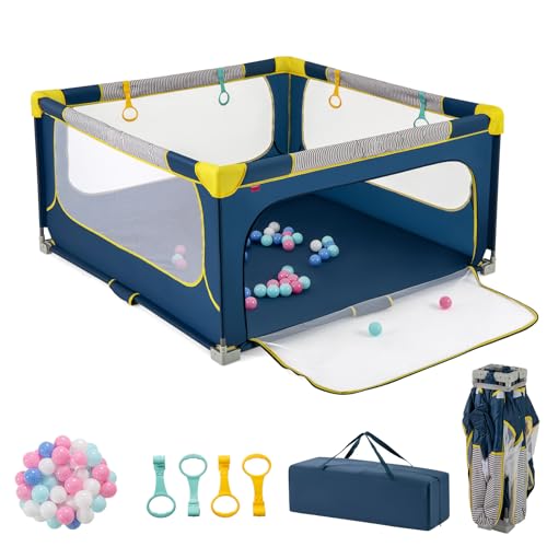 LIFEZEAL Parc Bébé Pliable avec 4 Anneaux, 50 Boules, Porte à Fermeture éclair, Sac de Rangement, Aire de Jeu Bebe en Tissu Oxford, Centre d'activité Enfant 0-3 ans...