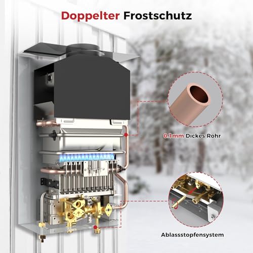 Gasdurchlauferhitzer 16 Liter, CAMPLUX BD422-DE Propan-/ Butan Gasdusche, 50mbar, 32 kW, für den Außenbereich/Camping/Gartennutzung