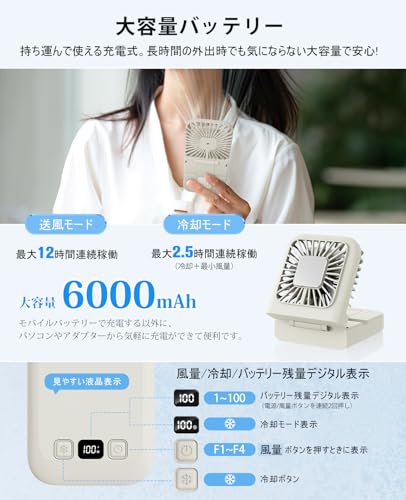 unifun ハンディファン 冷却プレート ハンディ扇風機 【2025強化版 首掛け/手持ち/卓上/モバイルバッテリー/スマホスタンド5WAY】 静音 小型 ミニ 超強力 風量5段階 6000mAh大容量 長時間連続運転 電池残量液晶表示 usb充電式 type-c 180度角度調節 折り畳み 軽量 薄型 持ち運び便利 アウトドア 熱中症対策 (ライトグレー)