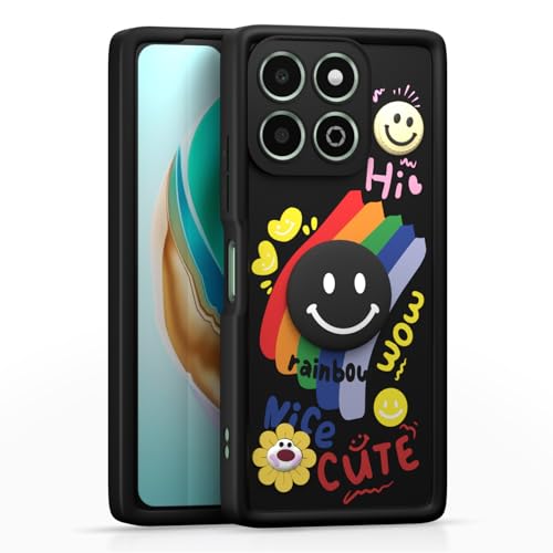 Image of Pikkme Back Cover for Honor X6b | Soft Silicone| Cute Rainbow Smile & 3D Cartoon Flower Design | Shockproof Raised Camera Protection Bumper Case (Black)