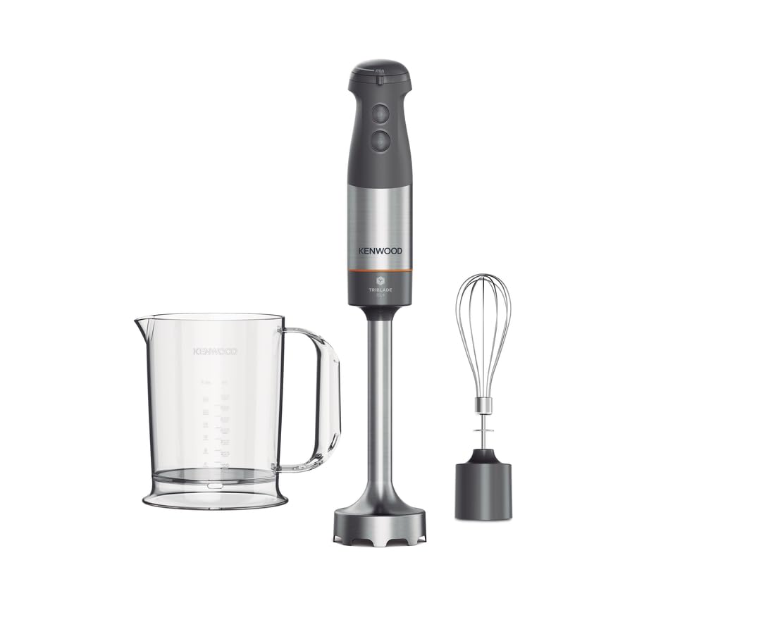 Kenwood Triblade XL+ HBM60.002GY, Frullatore a Immersione con Sistema TriBlade, Minipimer a Velocità Regolabile e Funzione Turbo, Inclusi Frusta & Misurino, 1000W, Bianco