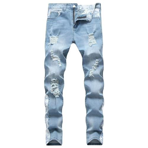 Jeans Pants Trousers Denim Trendy Street Tear Hole Retro Splicing Blue Black Stretch Elastic Slim Casual Straight Leg for Men(Light Blue,31)