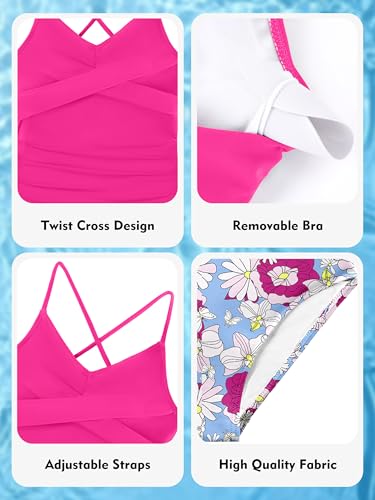 Image of Girls Swimsuit Tankini Criss Cross Ruched 2 Piece Bathing Suit Printed Girl Swimwear for Teens 9-16Y