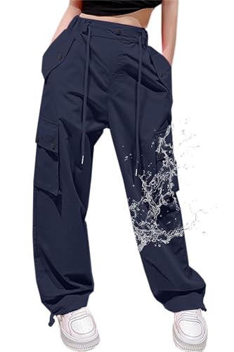 Image of Cromoncent Girls High Waist Parachute Pants Y2K Cargo Trousers with Pockets, Navy, 11-12 Years = Tag 170