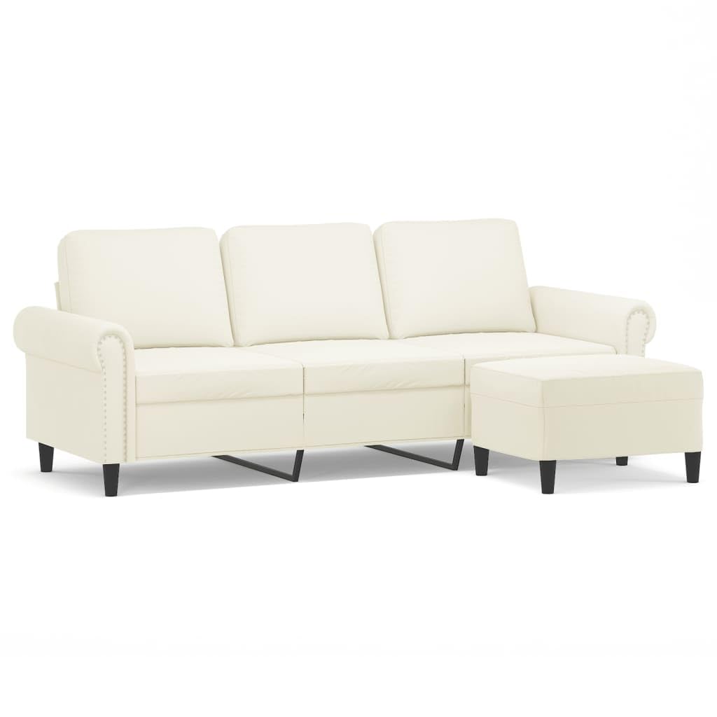 Sofa 3-osobowa z taboretem, kremowa, 180 cm aksamitu, wytrzymała metalowa rama, przytulna, do salonu, nowoczesne wzornictwo