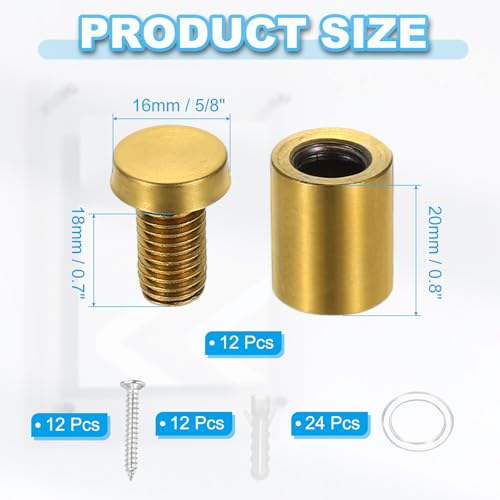 Image of PATIKIL 5 /8 inch x 1 inch Standoff Screws, 12 Pack Stainless Steel Wall Mount Sign Standoffs Mounting Hardware Advertising Nail for Hanging Acrylic Picture Frame, Gold