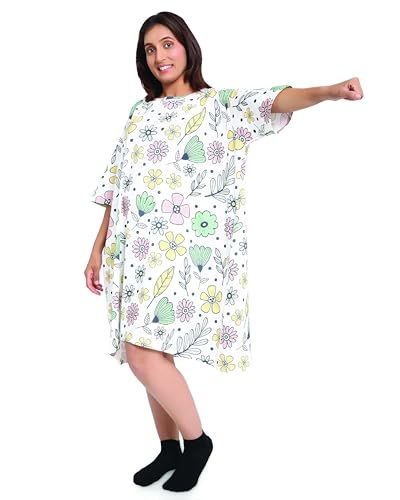 Image of LAMA STORE Women's Printed Oversized T-Shirt Dress, Cotton, 3 /4 Sleeve Length, Casual Loose Fit, Comfort Wear Extra Comfy Oversized Printed Pocket T-Shirt Dress