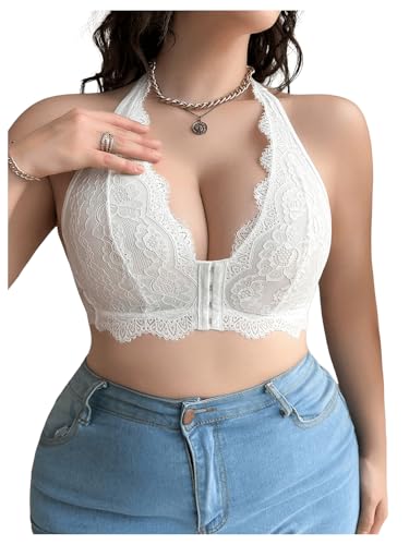 Women's Plus Size Front Closure Halter Lace Bra V Neck Push Up Underwire Bras
