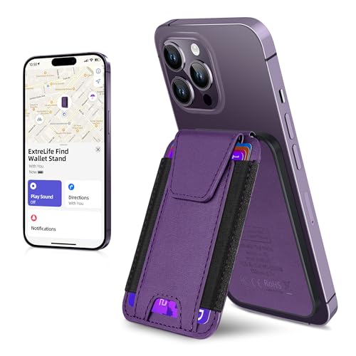 ExtreLife for Magsafe Wallet, Works with Apple Find My, Strongest Magnetic Wallet for iPhone 17/16/15/14/13/12 Series, Privacy Flap, Adjustable Stand, RFID Blocking, Purple