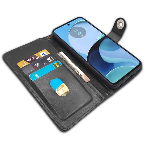 Image of Pikkme Flip Cover Leather Finish | Inside TPU with Card Pockets | Wallet Stand and Shock Proof | Complete Protection Button Flip Case for Moto G14(Black)