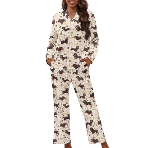 Pyjama 2 pièces femme boutonné à manches longues avec chemisier et pantalon fluide