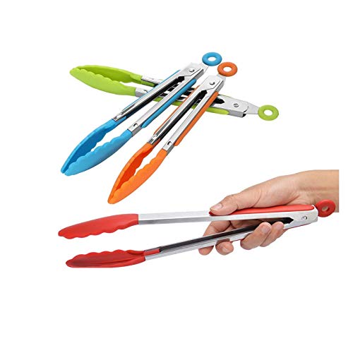 4 Pièces 8"Pince de Cuisson Ustensiles de Cuisine en Acier Inoxydable et Silicone Alimentaire Ensembles Salade BBQ Pinces à Salade Pâtisserie Buffet Pinces de Service-Rouge Bleu Vert Orange Cover