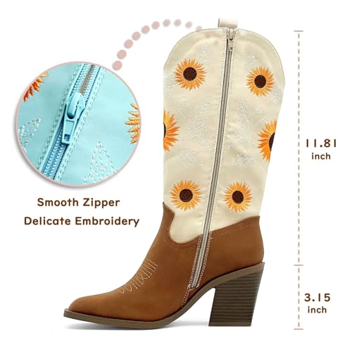 Western Cowboy Boots for Women Mid Calf Cowgirl Boots with Classic Sunflower Embroidered Slip On Square Toe Chunky High Heels Fashion Retro Pull-On Boot for Girls Ladies Fall & Winter2