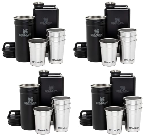 Image of Stanley Adventure Pre-Party Flask & Nesting Shot Glass Set 8 oz Leakproof Hip Flask 4 Shot Glasses in Travel Carrying Case Insulated Stainless Steel Liquor BPA-Free Matte Black(Pack of 4)