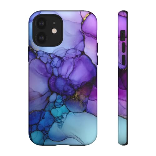Coque iPhone 12 résistante aux chocs motif encre à l'alcool brillant violet et bleu