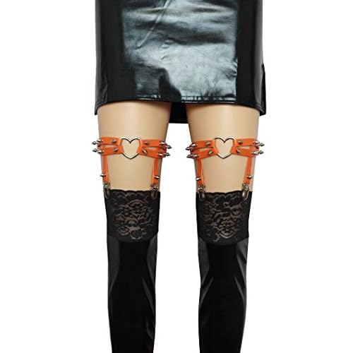 Tamaño grande gordo muslos gruesos mujeres liguero chica sexy cuero corazón ligas punk rock remache Stud pierna anillo 2 unids, naranja/fiesta de bloques, Talla Única