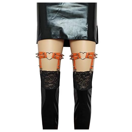 Tamaño grande gordo muslos gruesos mujeres liguero chica sexy cuero corazón ligas punk rock remache Stud pierna anillo 2 unids, naranja/fiesta de bloques, Talla Única