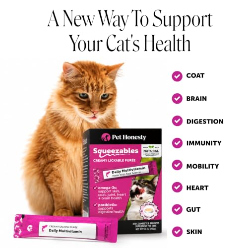 Image of Cat Multivitamin Lickable Treats - Squeezable Vitamin Puree Pouches for Cats - Daily Cat Vitamins with Postbiotics + Omega 3 Fish Oil for Gut + Immune Support, Skin Coat, Joint Health (Salmon, 20 Ct)