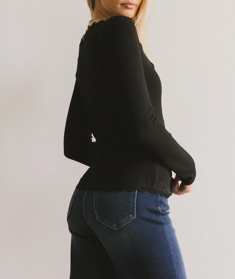 Womens Cardigans Lightweight Long Sleeve Button Down V Neck Slim Fit Lace Trim Top4