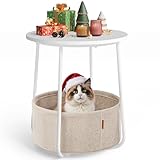 VASAGLE LILEA Collection - Small Round Side End Table, Modern Nightstand with Fabric Basket, Matte White and Camel Brown ULET223W10