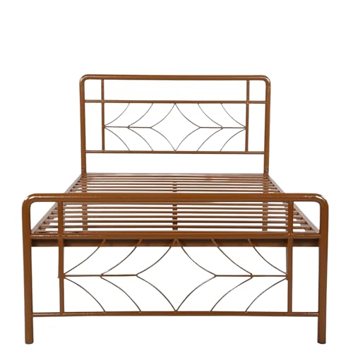 Image of Vara Metal Extra Single Size Bed Without Storage | Wrought Iron Single Bed with Headboard & Footboard| Sturdy Powder Coated Platform Cot for Bedroom (Vara Brown)