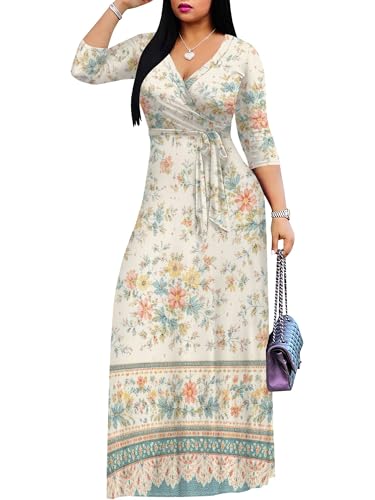 Image of Women's V Neck Floral Maxi Dress 3 /4 Sleeve Plus Size Boho Wrap Flowy Long Dresses with Belt