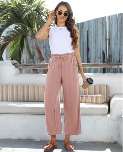 Image of siliteelon Wide Leg Linen Pants for Women Summer Capri Palazzo Flowy Pants Casual Loose High Waist Trousers with Pockets