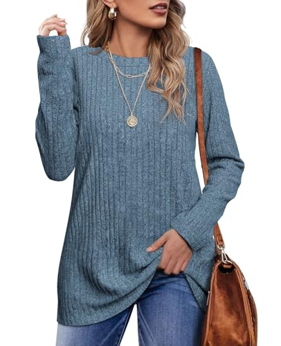 OFEEFAN Long Sleeve Shirts for Women Loose Fit Crew Neck Tunic Tops Blouse Dressy Casual Fall Winter Clothes Outfits