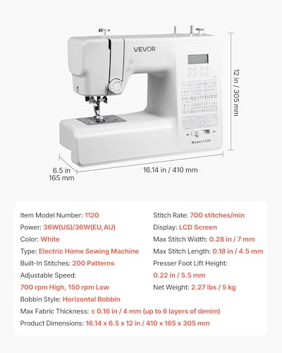 Image of VEVOR Computerized Sewing Machine, 200 Stitch Applications, with LCD Screen, Foot Pedal and LED Light, Heavy-Duty Metal Frame, Digital Sewing Machine with Powerful Motor for Crafts and Mending