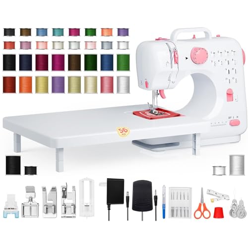 Small Portable Sewing Machine for Beginners, Easy-to-Use Electric Sewing Machine with 12 Built-In Stitches, Reverse Stitching, LED Light, Extension Table, 32-Color Thread Kit for Kids and Adults
