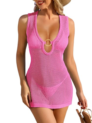 Image of FAIRY SEASON Womens Crochet Cover Ups Knit Hollow Out Sleeveless Dress Swimsuit Bathing Suit Coverup 2026 for Beach Pool