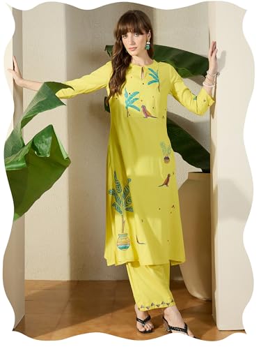 Image of INDO ERA Women's Viscose Rayon Animal Embroidered A-Line Calf Length Kurta & Palazzo Set (IESTR12072)