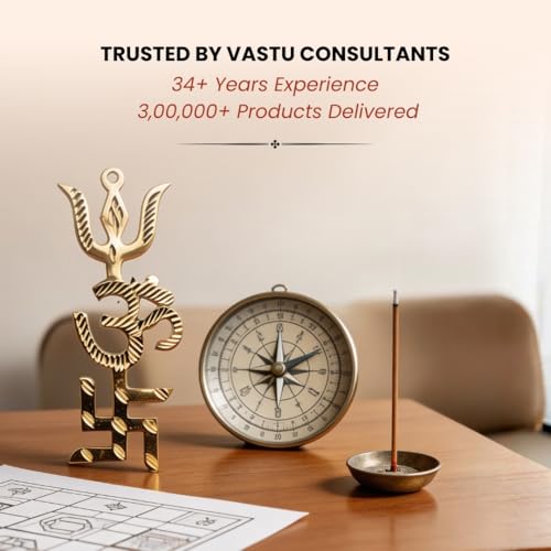 Image of Plus Value Trishakti Yantra Vastu Brass Swastik, Om, Trishul for Home, Office Main Door Protection and Decor, 5 Inch Gold, Positive Energy, Good Luck, Astrology Gift, Entrance Wall Hanging