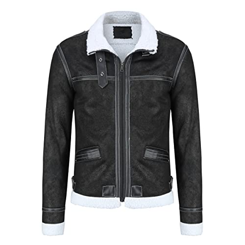AOWOFS Veste en Cuir de Moto Homme Epaisse L'hiver avec un Col Montant Vintage Drink Blouson en Similicuir Biker PU,Noir,XL