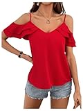 MakeMeChic Women's Layered Short Sleeve Cold Shoulder Spaghetti Strap Ruffle Summer Blouse Shirts Tops Red Small