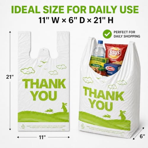 Image of YoYoRain 300 Count White Thank You T-Shirt Bags, 11 x 6 x 21 in | Durable HDPE with handles, Thank You print, disposable carryout sacks for grocery, retail and takeout