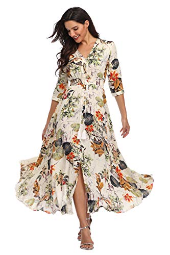 Summer Floral Print Maxi Dress Women Button Up Split Long Flowy Bohemian Beach Party Dresses3