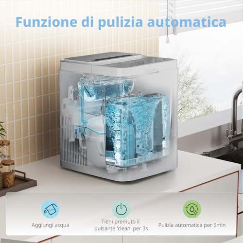 COMFEE' RCI12GY1EU(E) Macchina del Ghiaccio, 8 Cubetti in 6 Minuti (12kg/24h), Funzione Autopulente, 2 Dimensioni, con Paletta e Cestello, Portatile per Casa e Cucina, Grigio - Immagine 4