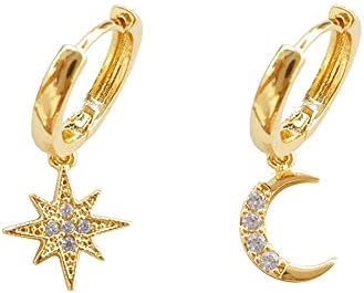 Crystal Moon Star Dangle Hoop Earrings for Women Teen Girls S925 Sterling Silver with Charms Asymmetrical CZ Diamond Drop Cartilage Cute Jewelry Delicate Fashion Birthday Gift Best Friend Gold Plated