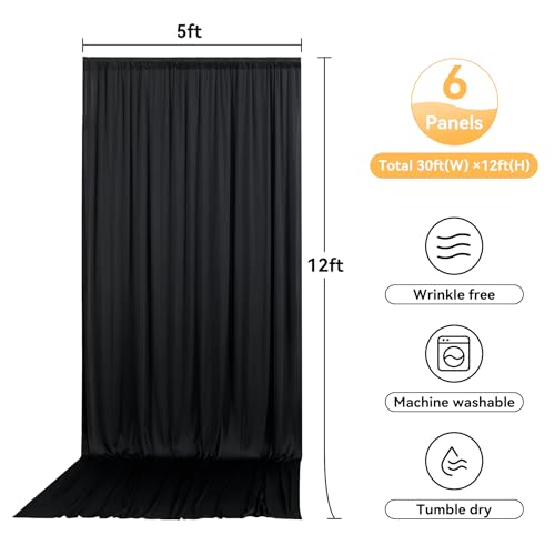 Image of 30ft x 12ft Black Backdrop Curtains for Wedding Parties, Wrinkle Free Photo Backdrop Drapes 6 Panels 5x12ft Back Drop Cloth for Birthday Retirement Halloween Photography Background
