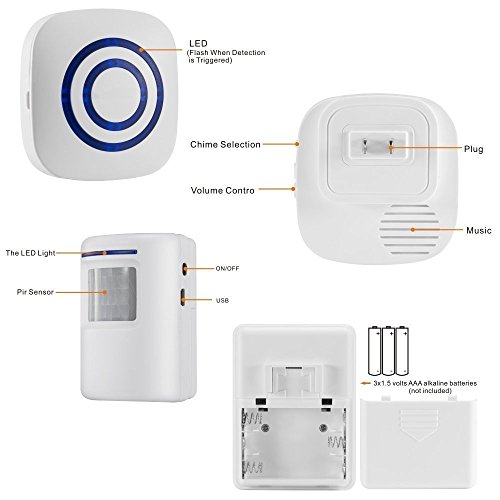 GZCRDZ inalámbrico entrada alerta: Sensor de movimiento por infrarrojos timbre alarma timbre inalámbrico con 1 Sensor y 2 receptor - timbre canciones - Indicadores LED